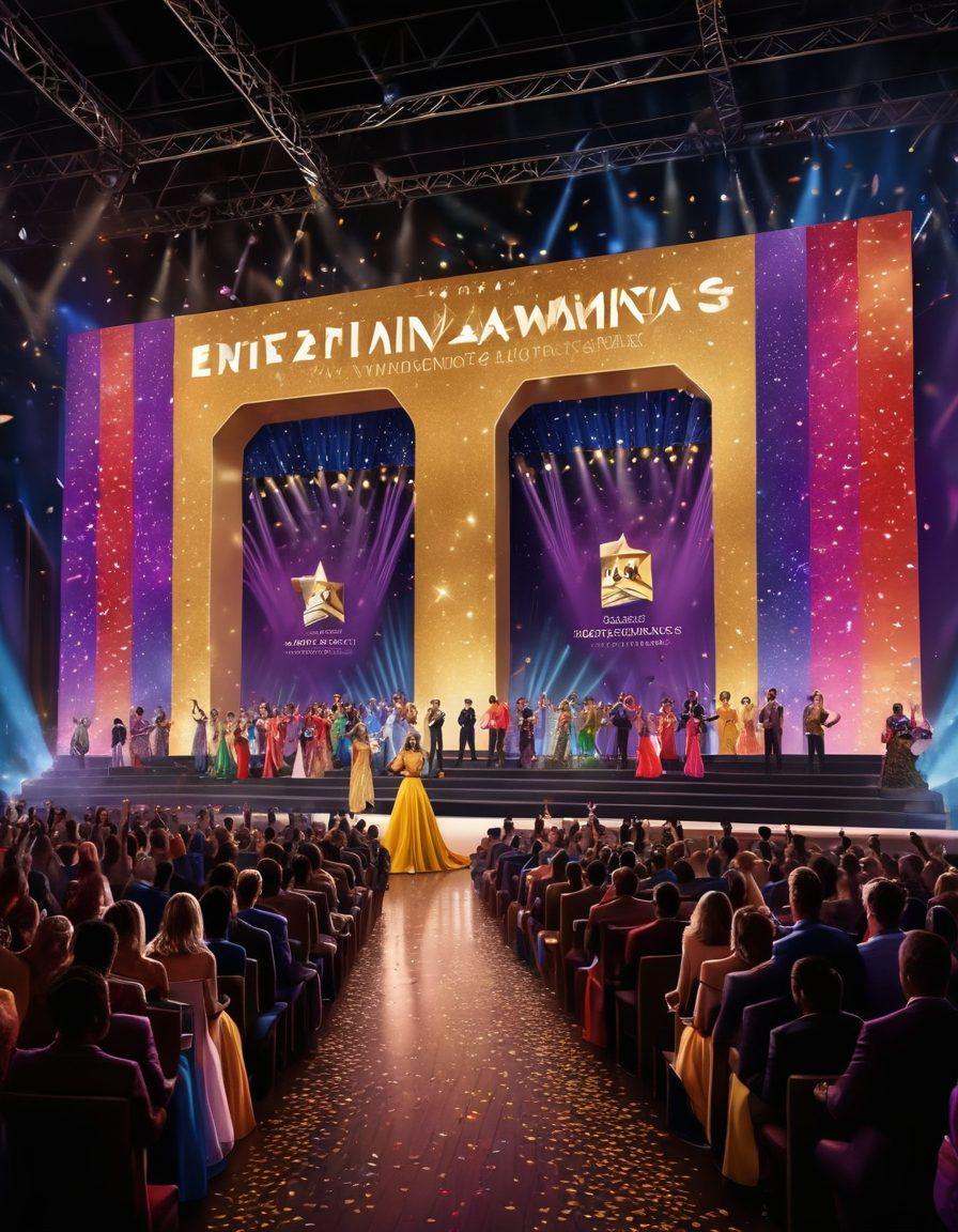A dazzling stage lit with vibrant, colorful lights, showcasing a diverse group of glamorous celebrities dressed in stunning outfits, holding awards high in celebration. Beneath them, an enthusiastic crowd with confetti falling from above creates a festive atmosphere. The backdrop features a golden banner reading 'Entertainment Awards 2023'. super-realistic. vibrant colors. 3D.