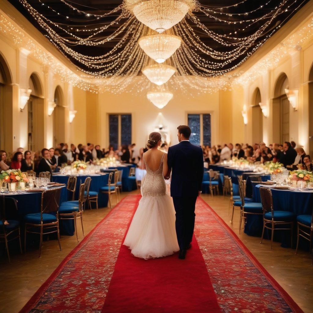 A glamorous, vibrant soirée scene filled with elegantly dressed guests enjoying various forms of entertainment like live music, dance performances, and gourmet food stations. Twinkling fairy lights illuminate the festive atmosphere, and decorations reflect a luxurious theme with gold and deep blue tones. Include a sparkling centerpiece with confetti and a red carpet entrance, capturing excitement and celebration. elegant art deco style. vibrant colors. soft bokeh effect.