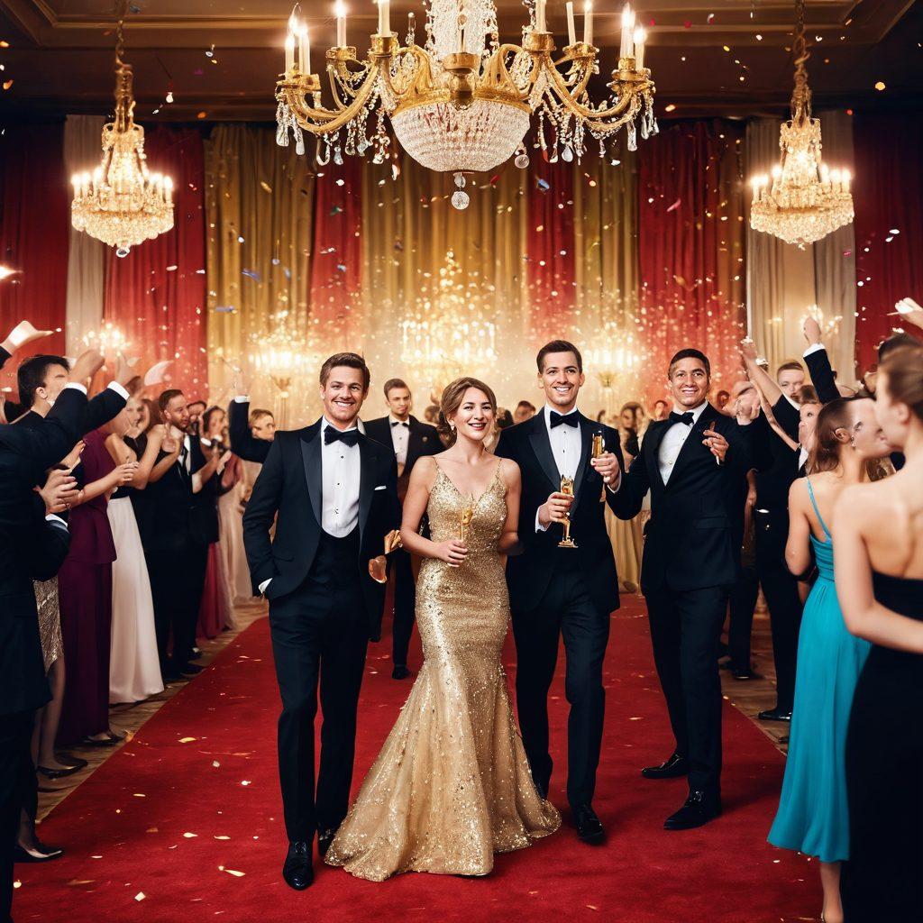 A glamorous awards gala scene filled with elegantly dressed attendees celebrating under sparkling chandeliers. Showcase joyous expressions, golden trophies raised high, and a festive atmosphere with confetti in the air. Capture a vibrant, colorful backdrop with red carpet details and soft lighting to enhance the celebratory mood. super-realistic. vibrant colors. soft focus.